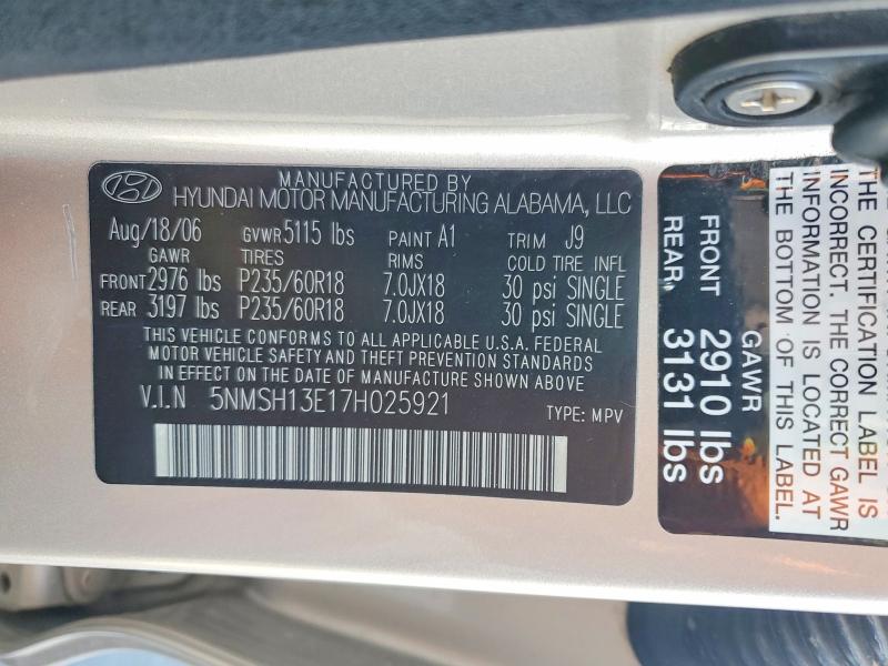 Photo 14 from auction – 2007 HYUNDAI SANTA FE with VIN 5NMSH13E17H025921