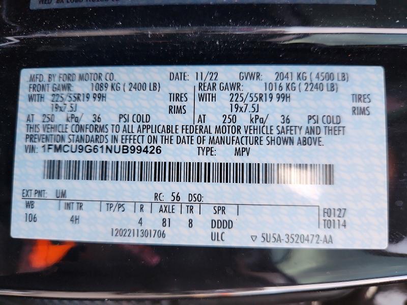 Photo 14 from auction – 2022 FORD ESCAPE with VIN 1FMCU9G61NUB99426