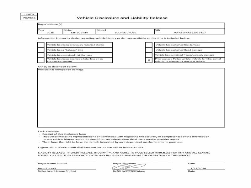 Photo 10 from auction – 2025 MITSUBISHI ECLIPSE CR with VIN JA4ATWAA6SZ032417