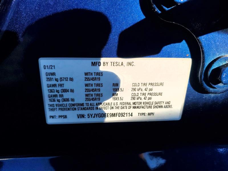 Photo 14 from auction – 2021 TESLA MODEL Y with VIN 5YJYGDEE9MF092114
