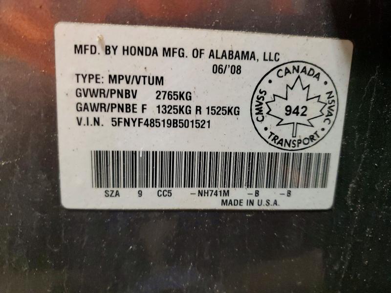 Photo 14 from auction – 2009 HONDA PILOT with VIN 5FNYF48519B501521