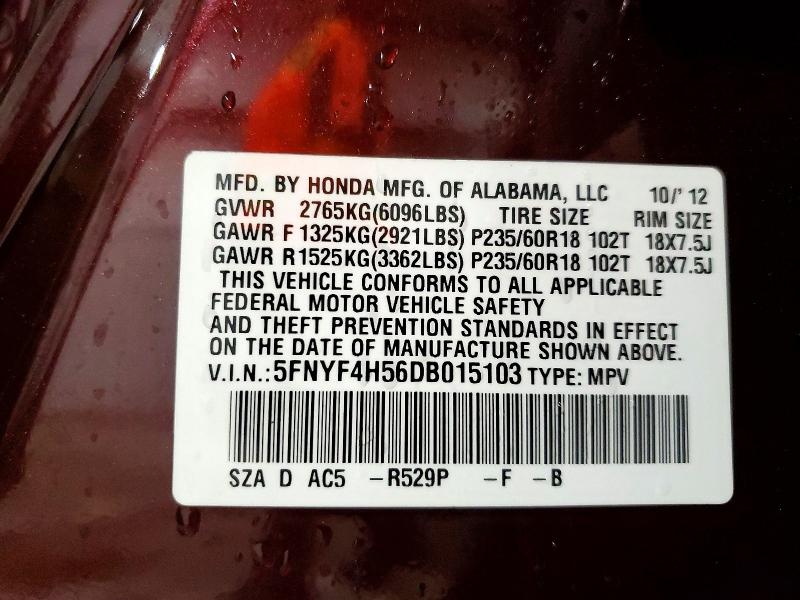 Photo 14 from auction – 2013 HONDA PILOT EXL with VIN 5FNYF4H56DB015103