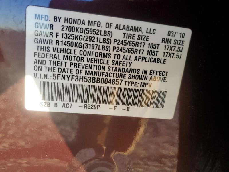 Photo 14 from auction – 2011 HONDA PILOT EXL with VIN 5FNYF3H53BB004857