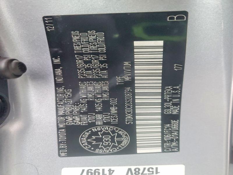 Photo 14 from auction – 2012 TOYOTA SIENNA LE with VIN 5TDKK3DC2CS208794