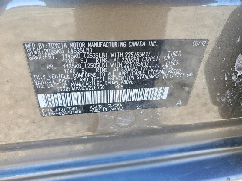 Photo 14 from auction – 2012 TOYOTA RAV4 with VIN 2T3BF4DV3CW226358