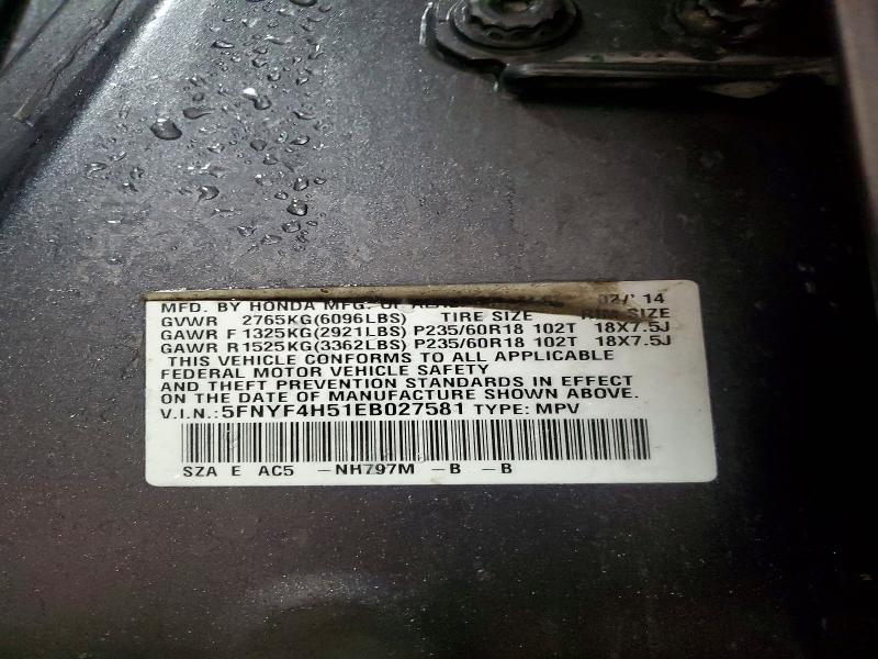 Photo 14 from auction – 2014 HONDA PILOT EXL with VIN 5FNYF4H51EB027581