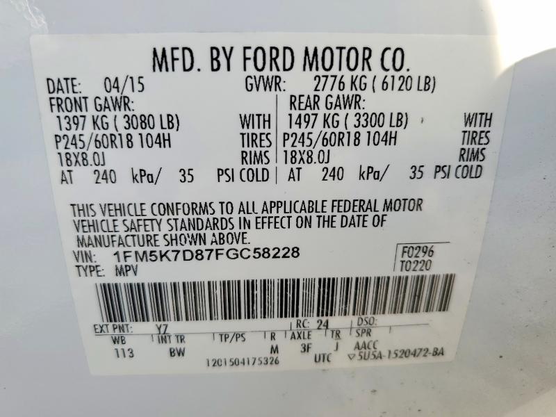 Photo 14 from auction – 2015 FORD EXPLORER X with VIN 1FM5K7D87FGC58228