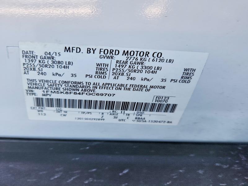 Photo 14 from auction – 2015 FORD EXPLORER L with VIN 1FM5K8F84FGC69707