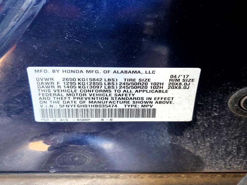 Photo 14 from auction – 2017 HONDA PILOT with VIN 5FNYF6H01HB035474