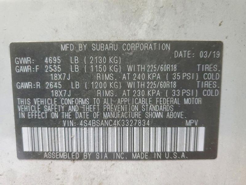 Photo 14 from auction – 2019 SUBARU OUTBACK 2. with VIN 4S4BSANC4K3327834
