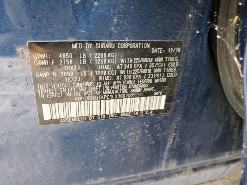 Photo 14 from auction – 2020 SUBARU OUTBACK TO with VIN 4S4BTAPC1L3160702