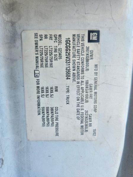 Photo 10 from auction – 2003 CHEVROLET EXPRESS G2 with VIN 1GCGG25V331126684