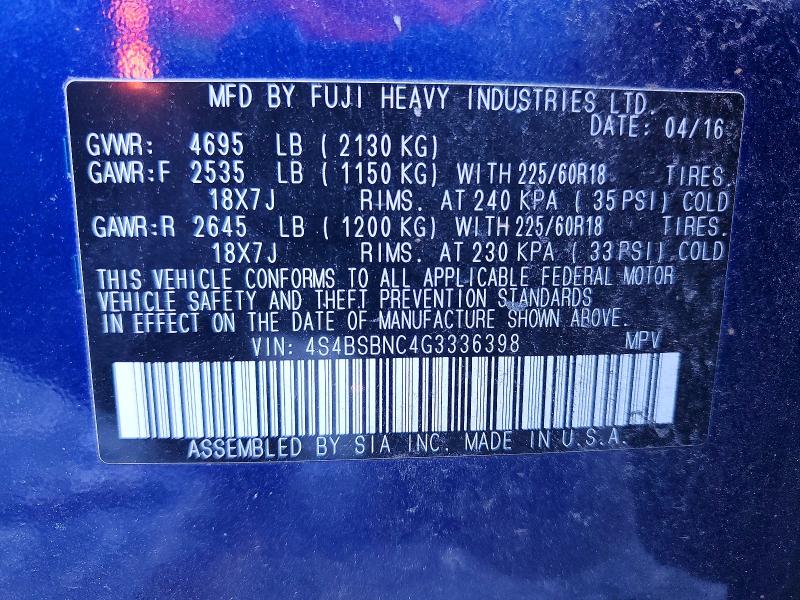 Photo 14 from auction – 2016 SUBARU OUTBACK 2. with VIN 4S4BSBNC4G3336398