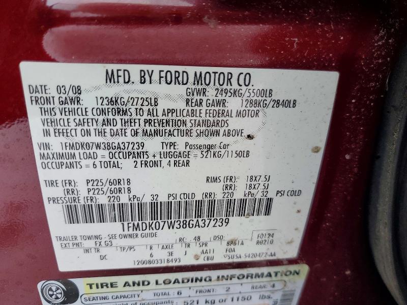 Photo 14 from auction – 2008 FORD TAURUS X E with VIN 1FMDK07W38GA37239