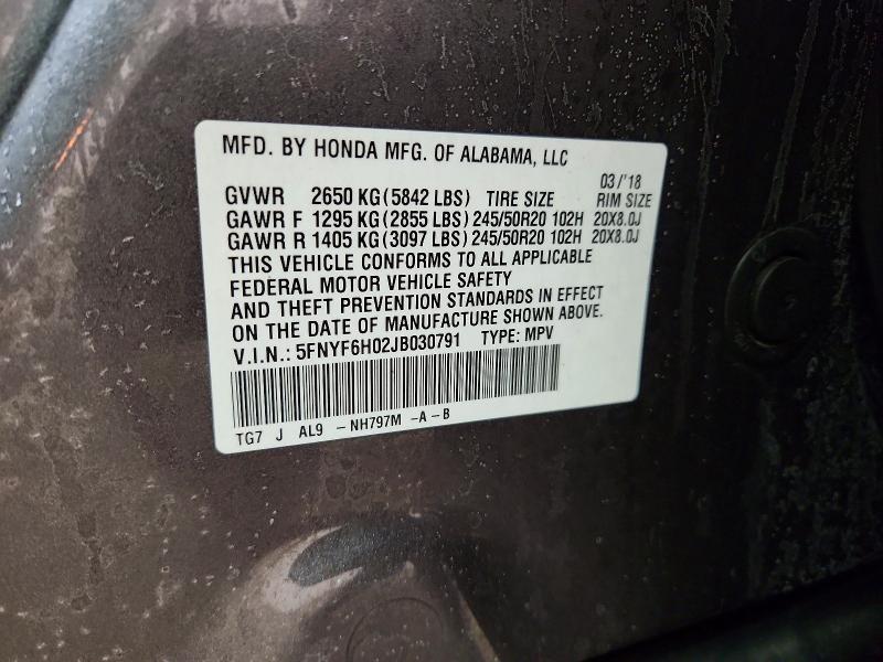 Photo 14 from auction – 2018 HONDA PILOT ELIT with VIN 5FNYF6H02JB030791