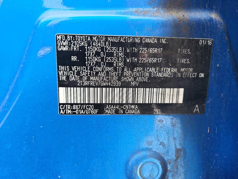 Photo 14 from auction – 2016 TOYOTA RAV4 XLE with VIN 2T3RFREV7GW442939
