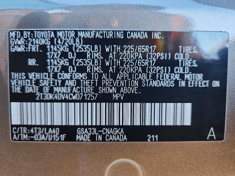 Photo 14 from auction – 2012 TOYOTA RAV4 LIMIT with VIN 2T3DK4DV4CW071257