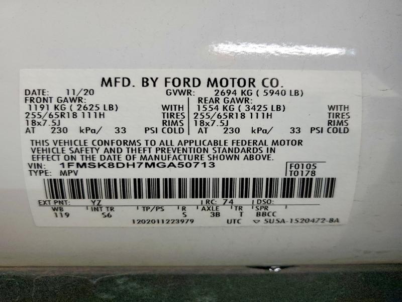 Photo 14 from auction – 2021 FORD EXPLORER X with VIN 1FMSK8DH7MGA50713