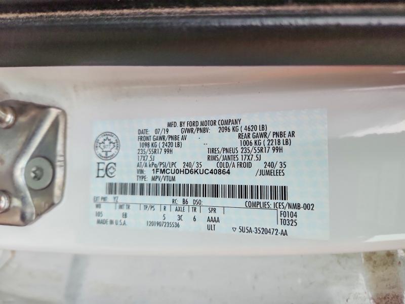 Photo 14 from auction – 2019 FORD ESCAPE with VIN 1FMCU0HD6KUC40864