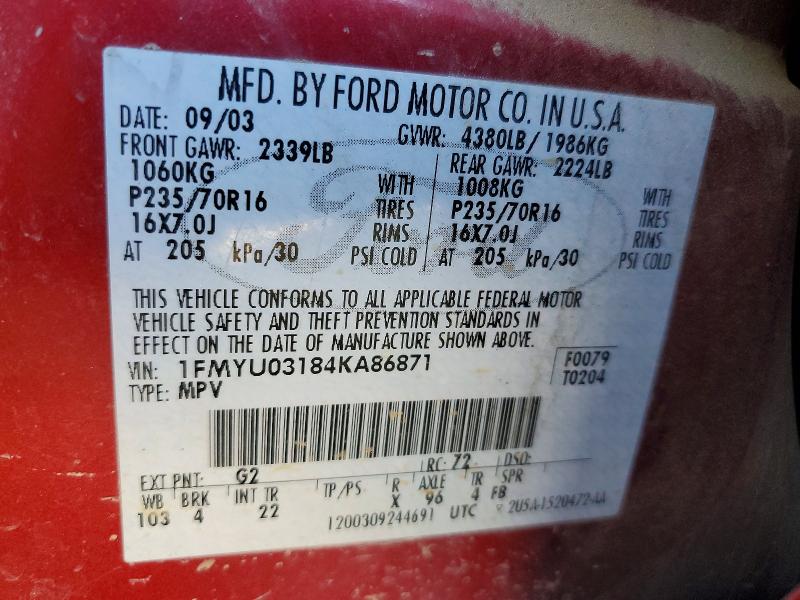 Photo 14 from auction – 2004 FORD ESCAPE XLT with VIN 1FMYU03184KA86871