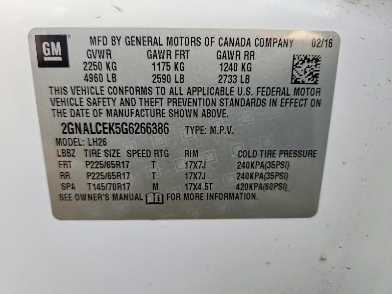 Photo 14 from auction – 2016 CHEVROLET EQUINOX LT with VIN 2GNALCEK5G6266386