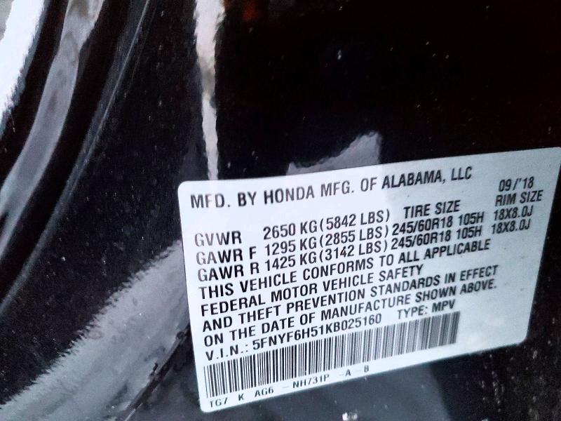 Photo 14 from auction – 2019 HONDA PILOT EXL with VIN 5FNYF6H51KB025160