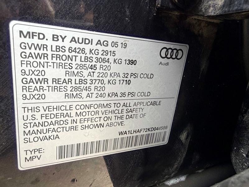 Photo 10 from auction – 2019 AUDI Q7 PREMIUM with VIN WA1LHAF72KD044586