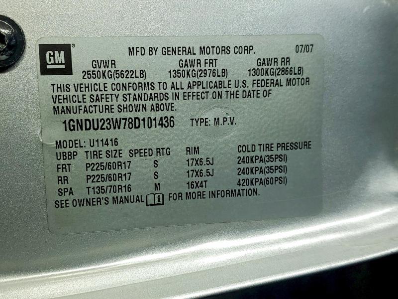 Photo 14 from auction – 2008 CHEVROLET UPLANDER L with VIN 1GNDU23W78D101436