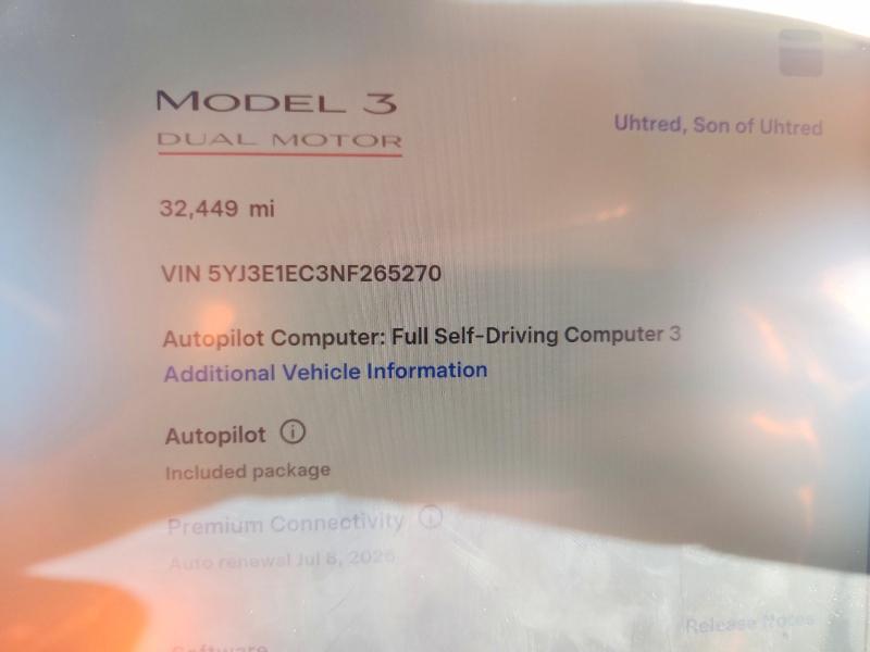 Photo 9 from auction – 2022 TESLA MODEL 3 with VIN 5YJ3E1EC3NF265270