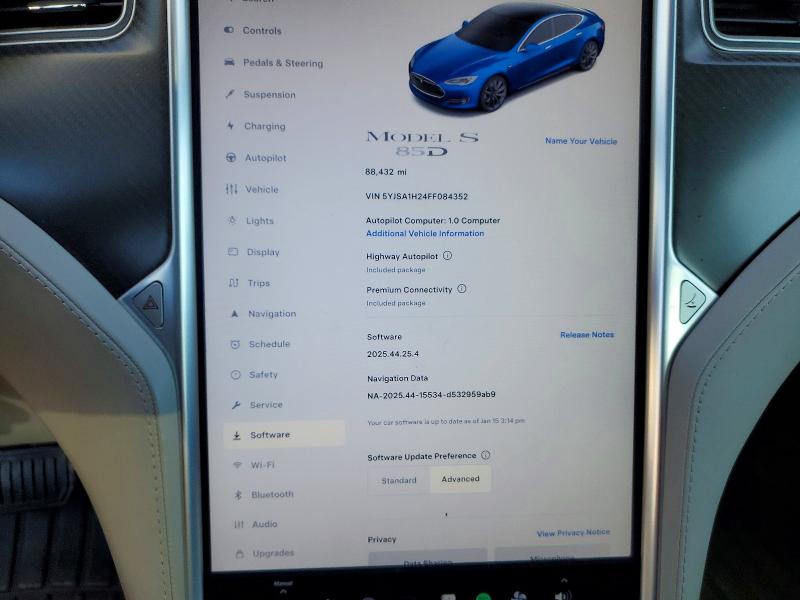 Photo 9 from auction – 2015 TESLA MODEL S 85 with VIN 5YJSA1H24FF084352