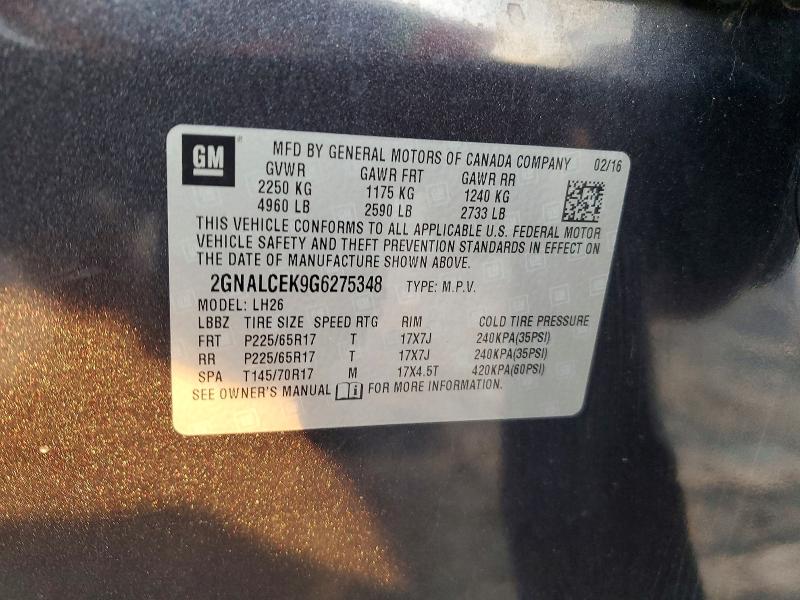 Photo 14 from auction – 2016 CHEVROLET EQUINOX LT with VIN 2GNALCEK9G6275348