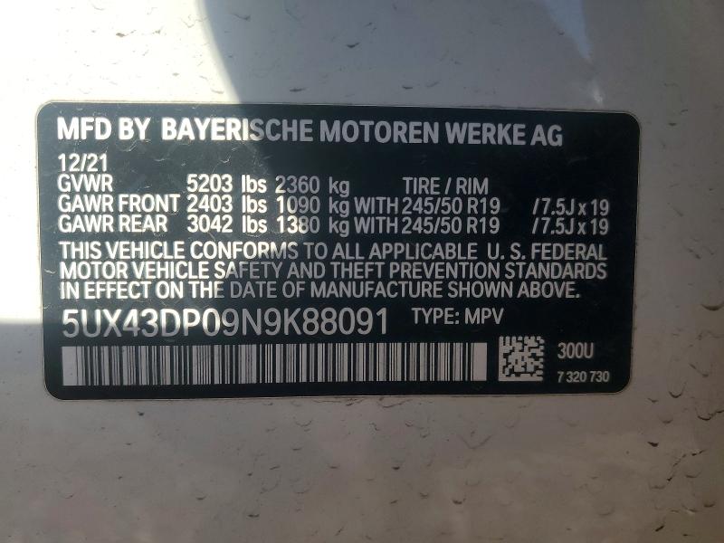 Photo 14 from auction – 2022 BMW X3 with VIN 5UX43DP09N9K88091