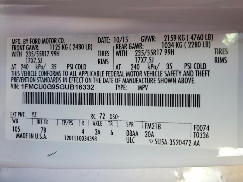 Photo 14 from auction – 2016 FORD ESCAPE SE with VIN 1FMCU0G95GUB16332