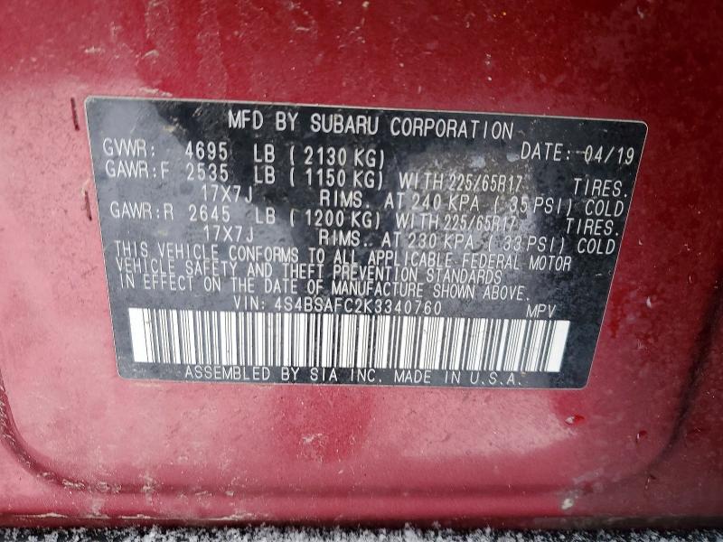 Photo 14 from auction – 2019 SUBARU OUTBACK 2. with VIN 4S4BSAFC2K3340760