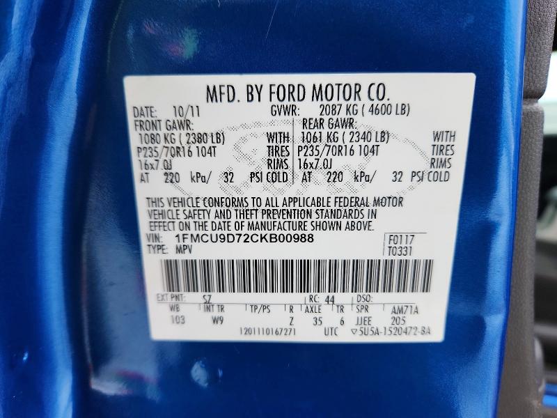 Photo 14 from auction – 2012 FORD ESCAPE XLT with VIN 1FMCU9D72CKB00988