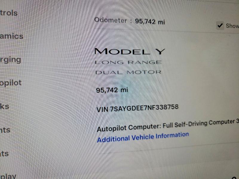 Photo 9 from auction – 2022 TESLA MODEL Y with VIN 7SAYGDEE7NF338758