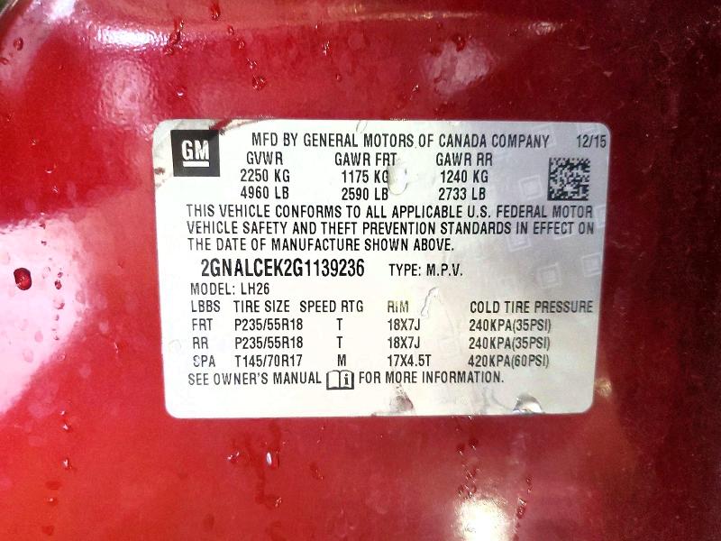 Photo 14 from auction – 2016 CHEVROLET EQUINOX LT with VIN 2GNALCEK2G1139236
