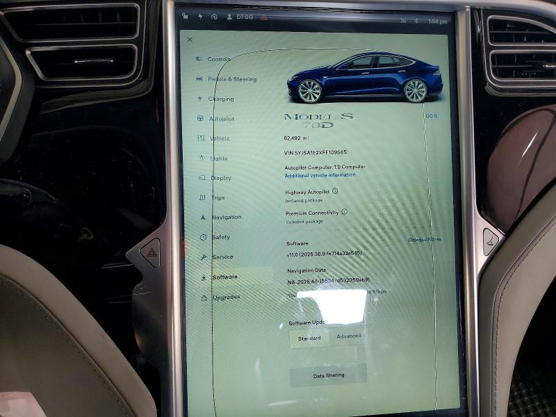 Photo 9 from auction – 2015 TESLA MODEL S with VIN 5YJSA1E2XFF109565