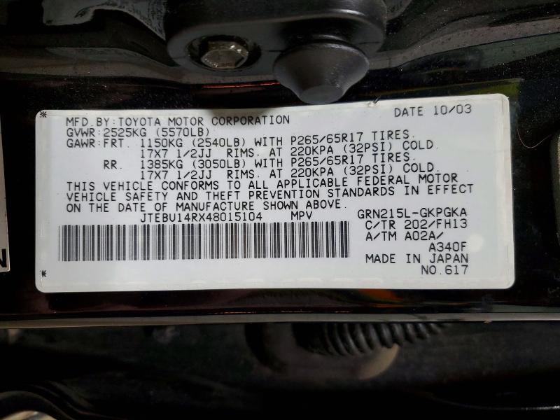Photo 14 from auction – 2004 TOYOTA 4RUNNER SR with VIN JTEBU14RX48015104