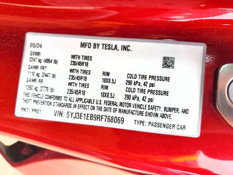 Photo 14 from auction – 2024 TESLA MODEL 3 with VIN 5YJ3E1EB9RF768069