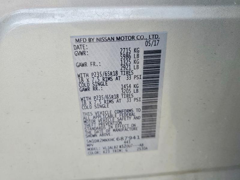 Photo 14 from auction – 2017 NISSAN PATHFINDER with VIN 5N1DR2MNXHC687941