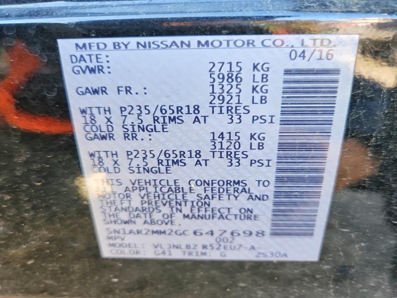 Photo 14 from auction – 2016 NISSAN PATHFINDER with VIN 5N1AR2MM2GC647698