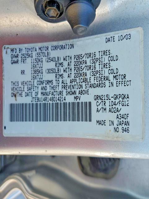 Photo 14 from auction – 2004 TOYOTA 4RUNNER SR with VIN JTEBU14R148014214