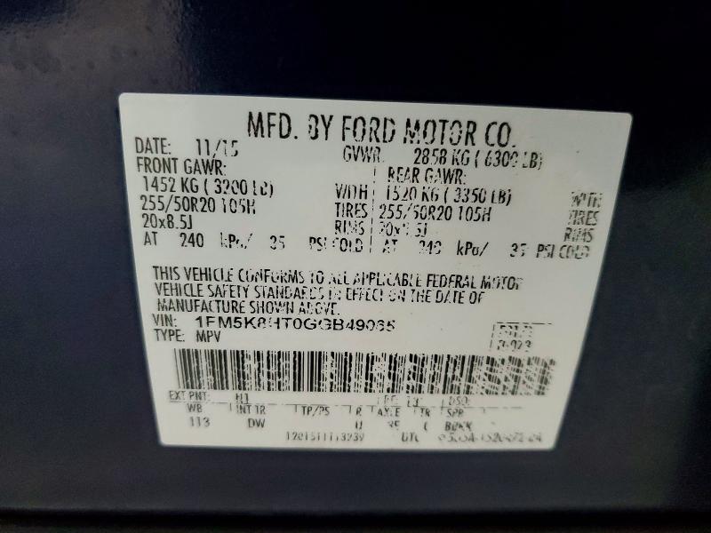 Photo 14 from auction – 2016 FORD EXPLORER with VIN 1FM5K8HT0GGB49065