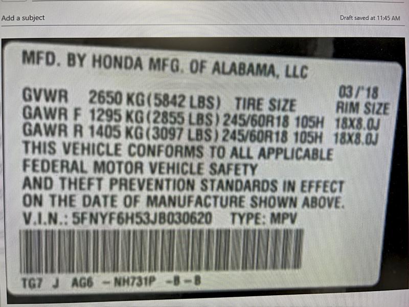 Photo 14 from auction – 2018 HONDA PILOT EXL with VIN 5FNYF6H53JB030620