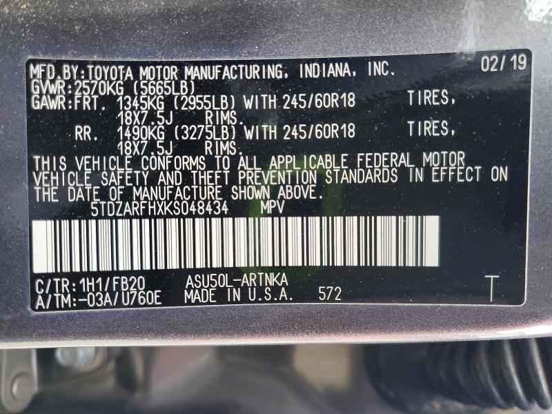 Photo 14 from auction – 2019 TOYOTA HIGHLANDER with VIN 5TDZARFHXKS048434