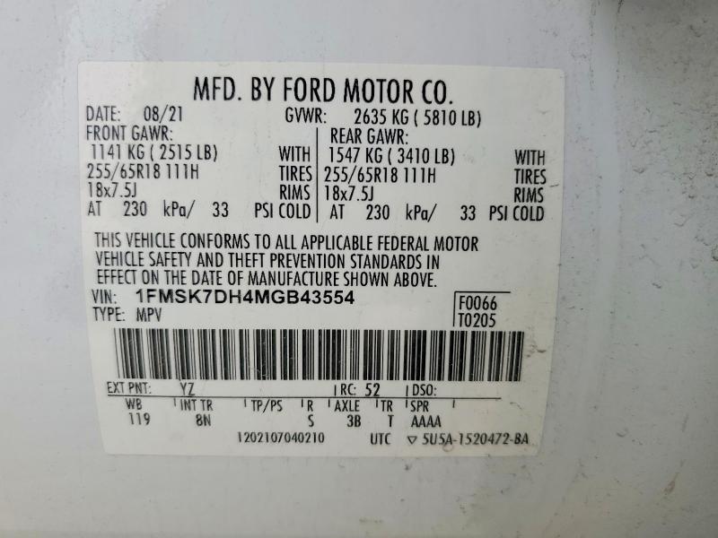 Photo 14 from auction – 2021 FORD EXPLORER X with VIN 1FMSK7DH4MGB43554