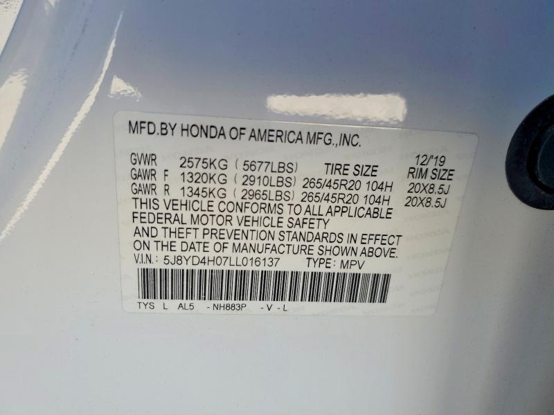 Photo 14 from auction – 2020 ACURA MDX with VIN 5J8YD4H07LL016137