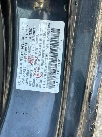 Photo 10 from auction – 2002 HONDA CIVIC SI with VIN SHHEP33512U305844