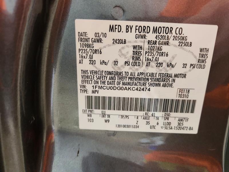 Photo 14 from auction – 2010 FORD ESCAPE XLT with VIN 1FMCU0DG0AKC42474